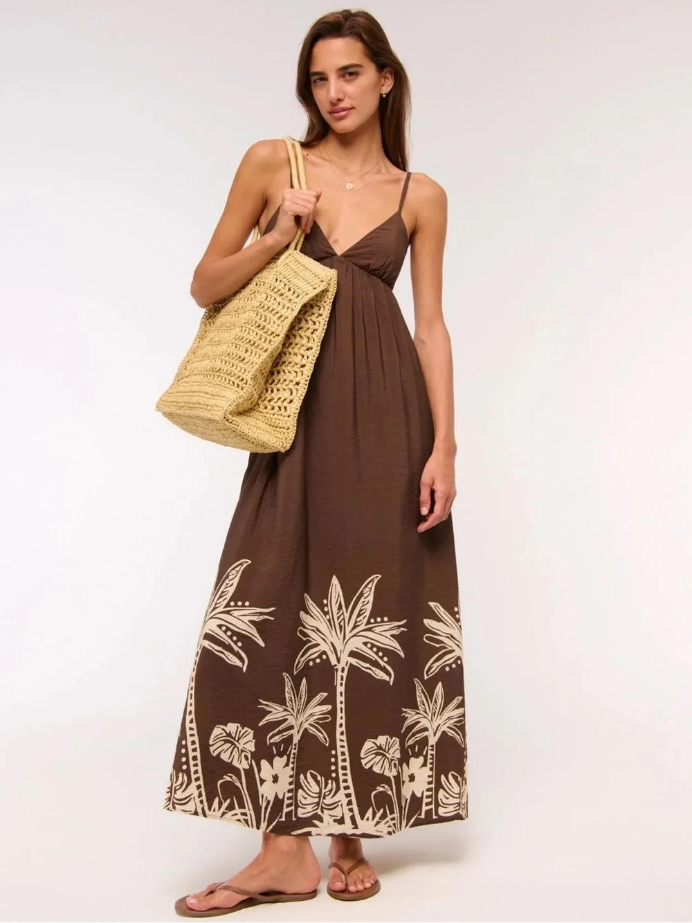 Abercrombie & Fitch Brown Bra Free Clasp Back Flowy Maxi Dress Palm Tree